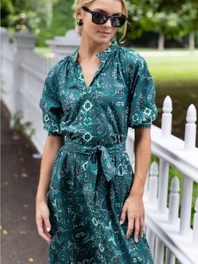 Julia Amory JA Shirt Dress Green Block Print Maxi Belted Embroidered Size L NWT